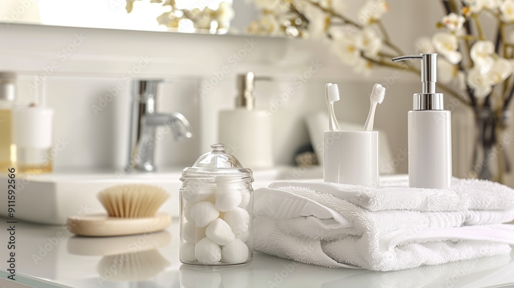Pristine bathroom counter with neatly arranged toiletries and fresh white towels. Concepts of cleanliness, home organization, and personal care. Pristine bathroom counter with neatly arranged toiletries and fresh white towels. Concepts of cleanliness, home organization, and personal care.