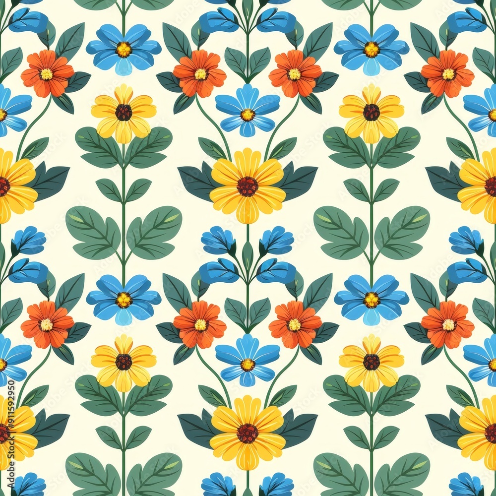 Cute Feminine Seamless Pattern Featuring Colorful Wildflowers on Light Background Cute Feminine Seamless Pattern Featuring Colorful Wildflowers on Light Background