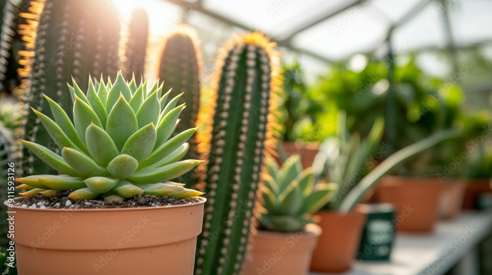 Fototapeta premium A greenhouse with a variety of potted succulents and cacti, creating a desert-like oasis
