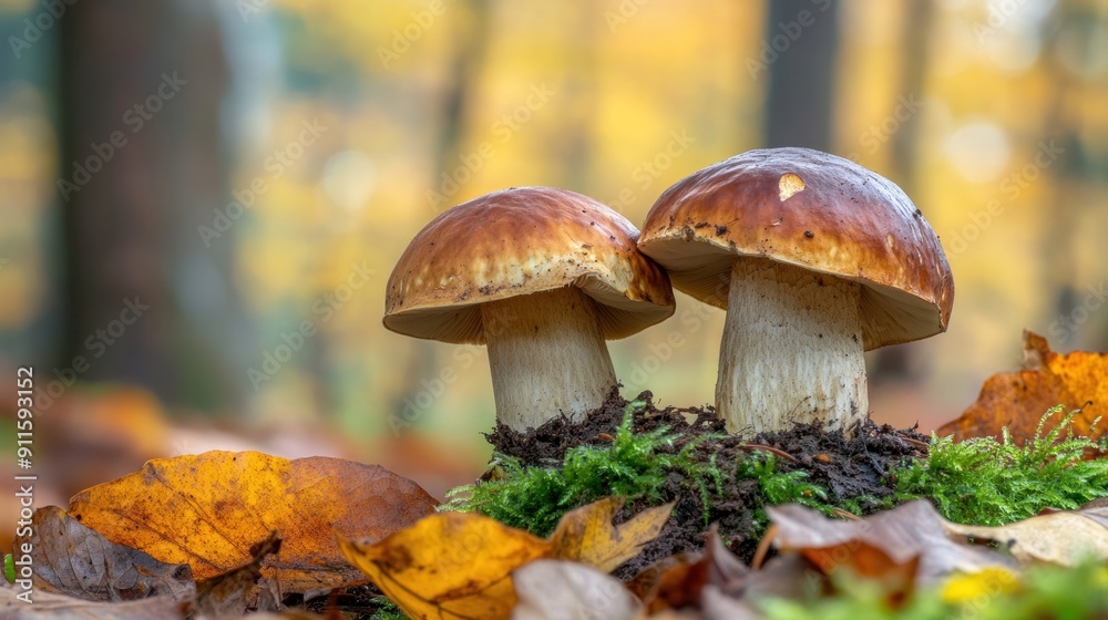 Two Brown Cap Mushrooms in a Forest with Autumn Leaves Two Brown Cap Mushrooms in a Forest with Autumn Leaves