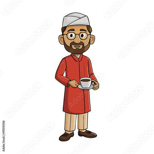 Pakistani Man Character Wear One color Shalwar kameez Making Tea  Style , Detailed, Smart, Realism, Tall and Looking Like Toon, Isolated on white background vector