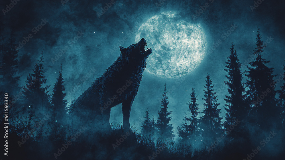 Sinister Werewolf Silhouette in Moonlit Forest with Copy Space - Halloween Horror Concept Sinister Werewolf Silhouette in Moonlit Forest with Copy Space - Halloween Horror Concept