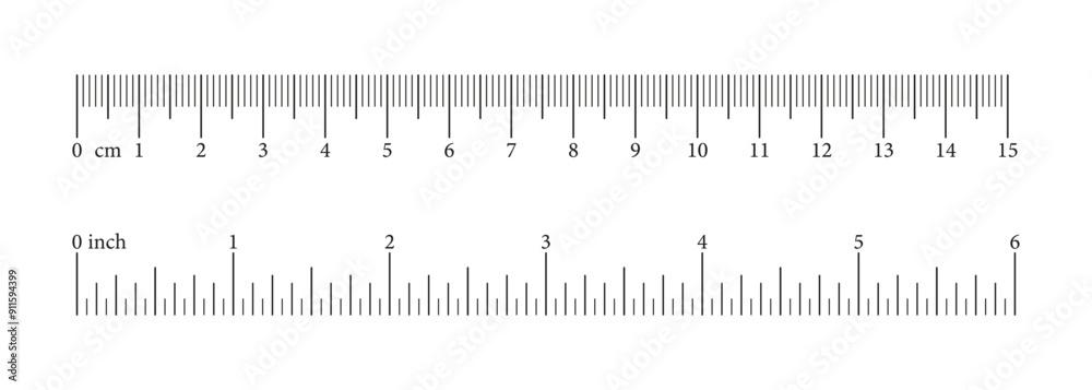 Scale 6 inch, 15 centimeters, markup, numbers. Distance, height, length measurement, sewing tool. Measuring charts, metric, imperial units template.