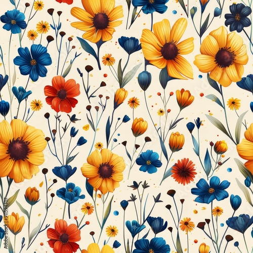 Wallpaper Mural Seamless Pattern of Colorful Wildflowers on Cream Background Torontodigital.ca