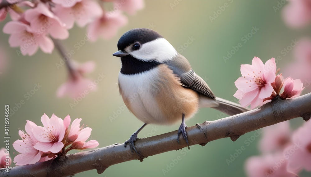 Obraz premium Close-up view of bird rest on tree branches with booming cherry blossom in Spring.