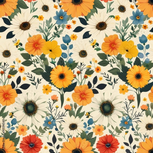 Wallpaper Mural Charming Seamless Pattern of Wildflowers in Bright Colors Torontodigital.ca