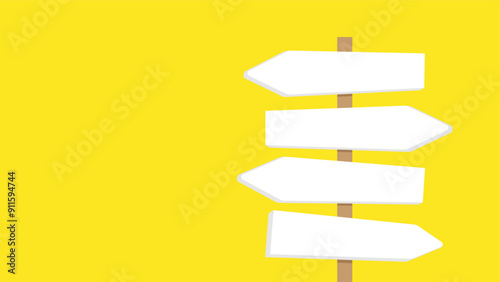 A wooden signpost with four blank directional arrows pointing in different directions on a solid yellow background