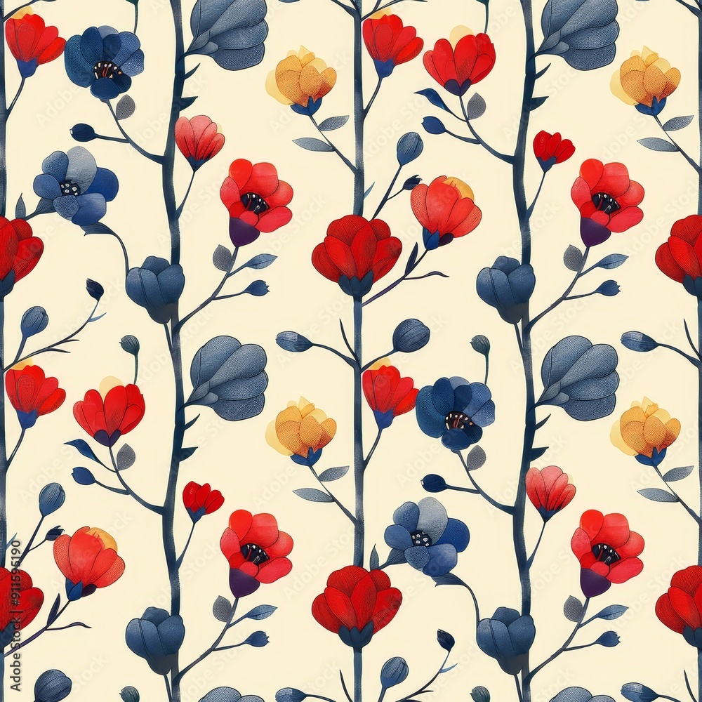 Feminine Seamless Pattern Featuring Colorful Wildflowers on Cream Background Feminine Seamless Pattern Featuring Colorful Wildflowers on Cream Background