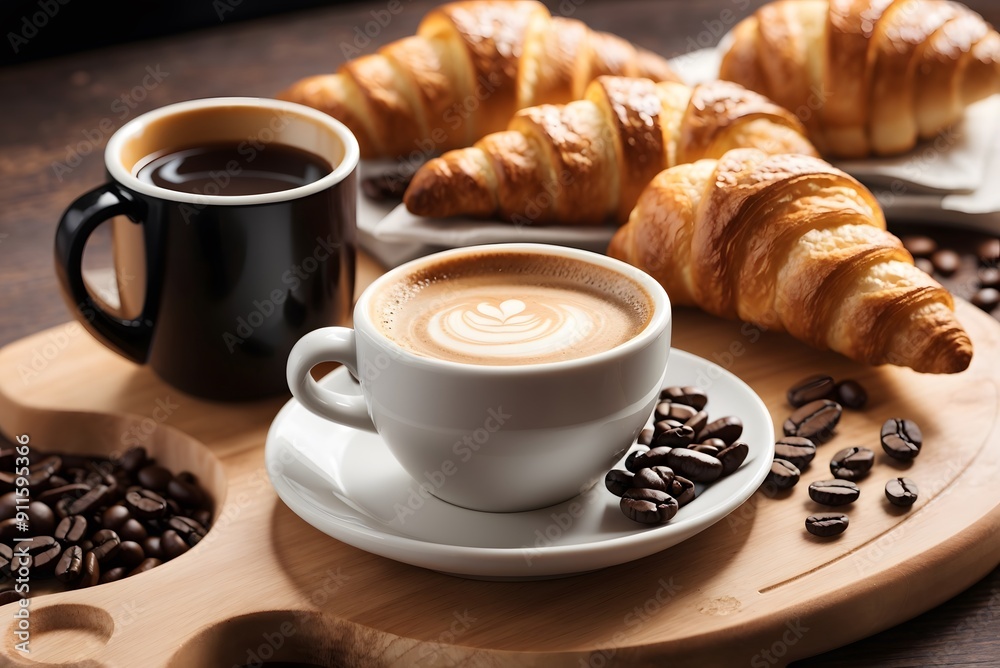 Breakfast with coffee and croissants on the wooden table
Breakfast with coffee and croissants on the wooden table