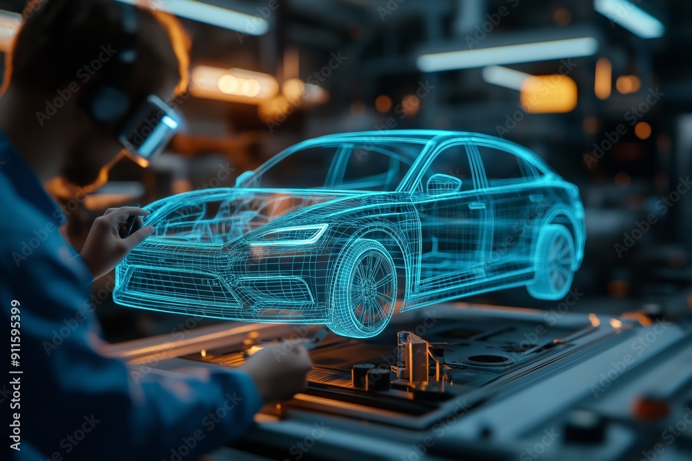 Obraz premium Engineer using augmented reality to design and visualize futuristic car prototype in a high-tech lab environment.
