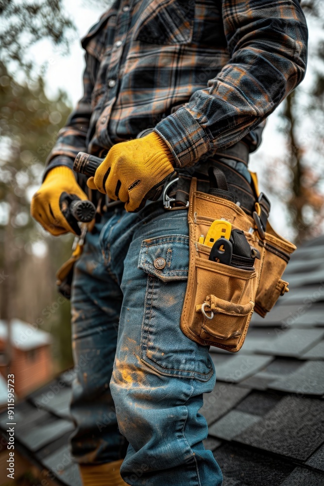 Worker in protective gloves is holding power drill while standing on the roof under construction Worker in protective gloves is holding power drill while standing on the roof under construction