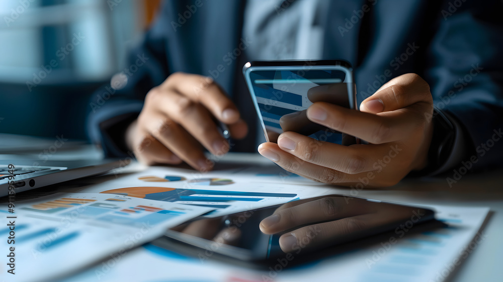 Close-up of hands using a smartphone for mobile banking and investing Close-up of hands using a smartphone for mobile banking and investing