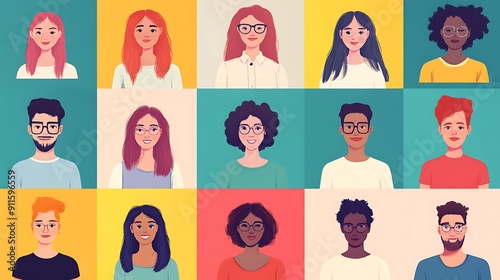 Diverse female avatars with various hairstyles, facial features, and skin tones in cartoon style photo