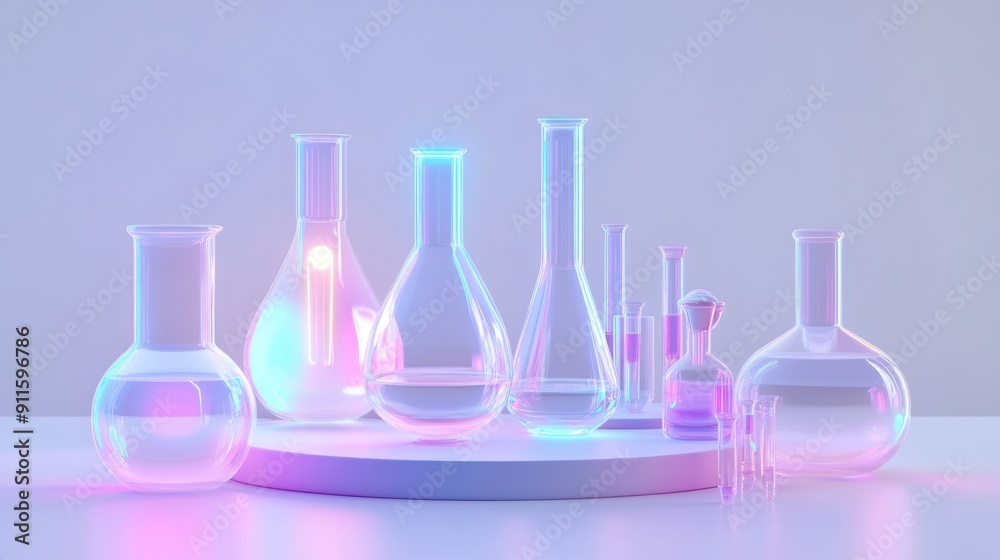 Glass beakers and test tubes with iridescent glow on a white surface Glass beakers and test tubes with iridescent glow on a white surface