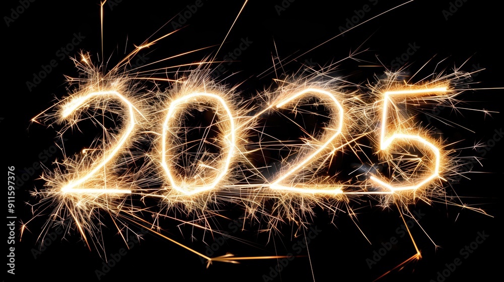 Sparkling fireworks forming the number 2025 against a black background. Concepts of New Year celebrations, future milestones, and festive occasions. Sparkling fireworks forming the number 2025 against a black background. Concepts of New Year celebrations, future milestones, and festive occasions.