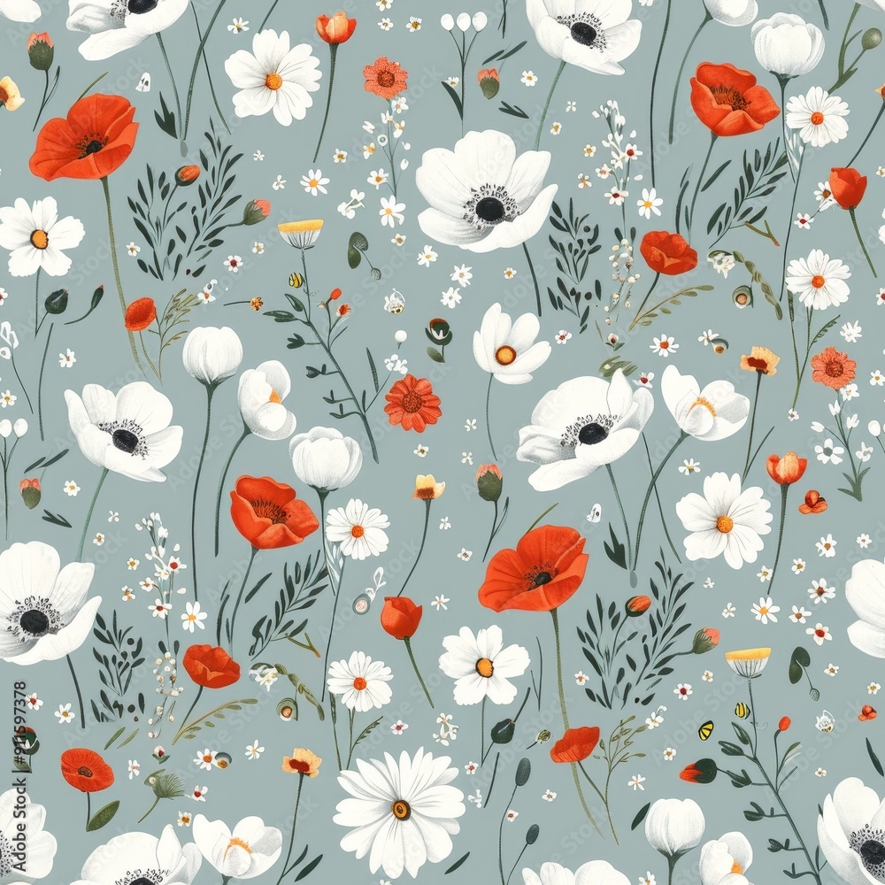 Feminine Seamless Pattern Featuring Colorful Wildflowers on Light Blue Background Feminine Seamless Pattern Featuring Colorful Wildflowers on Light Blue Background