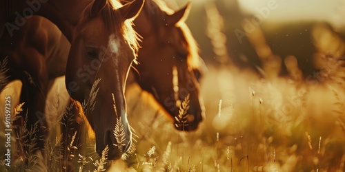 Sporting horses grazing in the field close up of muzzles rural landscape photo