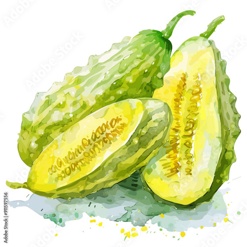 Watercolor of Bitter melon plant, isolated on a white background, Bitter melon vector