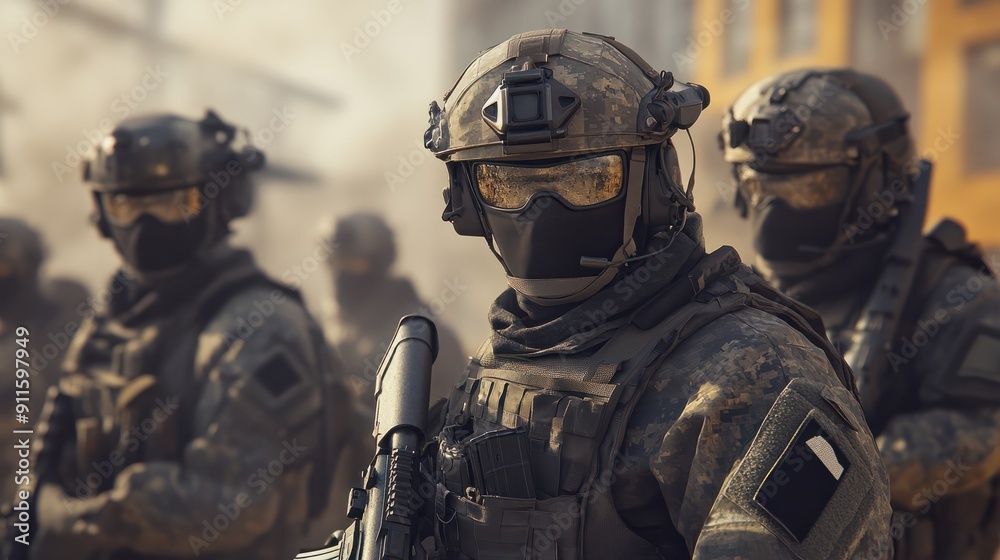 Several modern soldiers fully equipped facing the camera in a dusty and smoggy environment Several modern soldiers fully equipped facing the camera in a dusty and smoggy environment