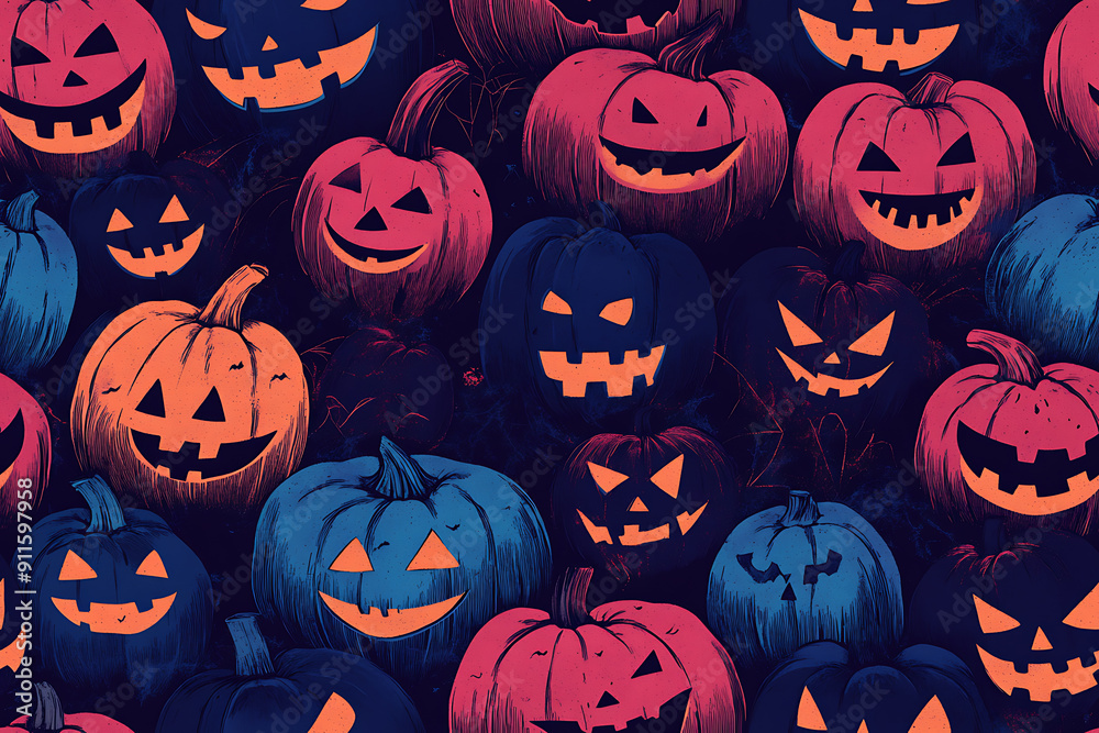 Vector illustration of Halloween pumpkins in risograph and line art styles, featuring bold outlines and intricate details. The design embodies the spooky spirit of Halloween with artistic flair Vector illustration of Halloween pumpkins in risograph and line art styles, featuring bold outlines and intricate details. The design embodies the spooky spirit of Halloween with artistic flair