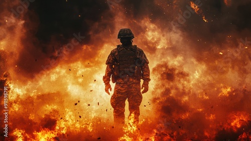 soldier at war, war zone, fictional location, fire and flames, something is burning from a attack or explosion