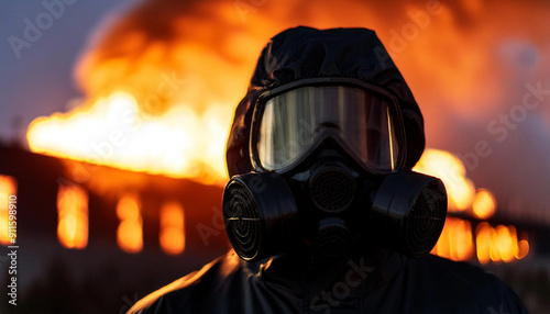 Close-up view of black hazmat suit face mask in foreground with flames burning in background dusk nighttime