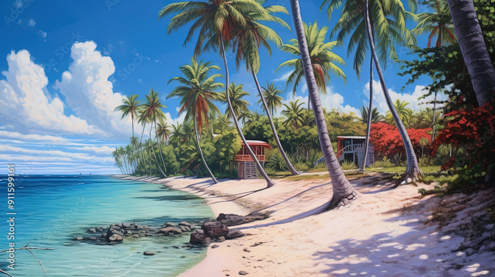 Horizontal shot of the view of the beach and sea, with towels laid out under a tree Horizontal shot of the view of the beach and sea, with towels laid out under a tree