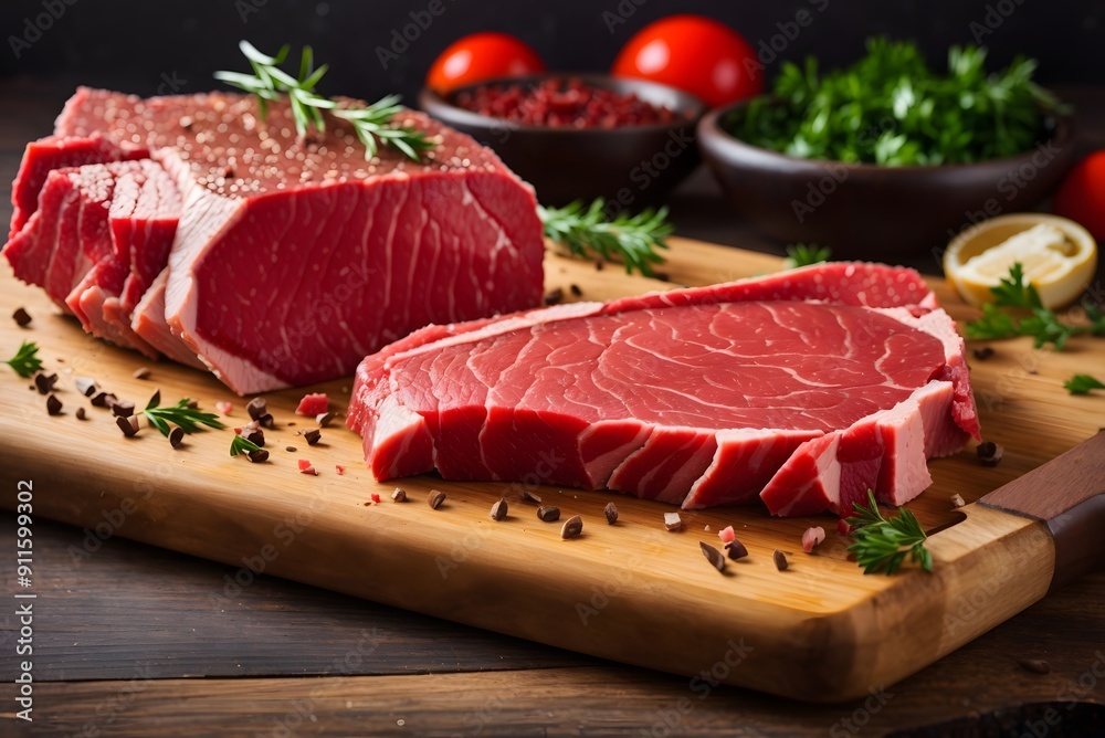 Marble veal steak with rosemary on a board on a wooden background Marble veal steak with rosemary on a board on a wooden background