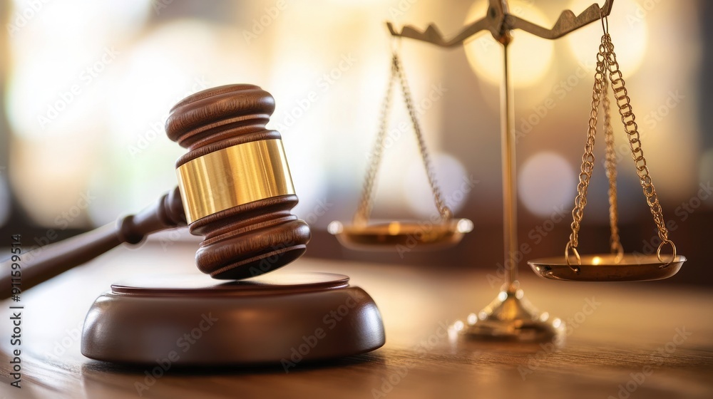Wooden Gavel and Golden Scales of Justice Wooden Gavel and Golden Scales of Justice