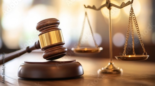 Wooden Gavel and Golden Scales of Justice photo