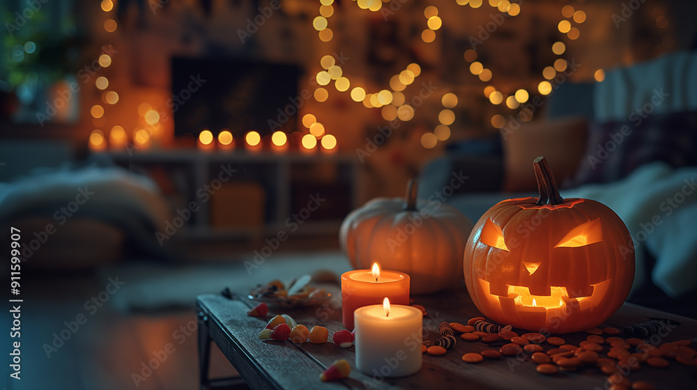 Halloween Pumpkin with Candles and Candy on a Wooden Table Halloween Pumpkin with Candles and Candy on a Wooden Table