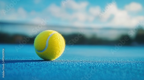 Yellow tennis ball on ground of blue hard tennis court, colorful panorama summer sports background photo