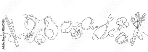 Healthe Fresh Food  in Continuous Line Drawing Style isolated on white background. Cooking banner. Vector illustration.