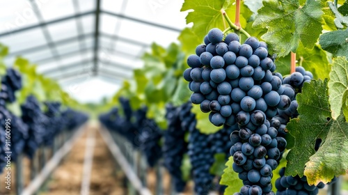 A greenhouse with rows of grapevines, their clusters of grapes hanging heavy on the vines photo