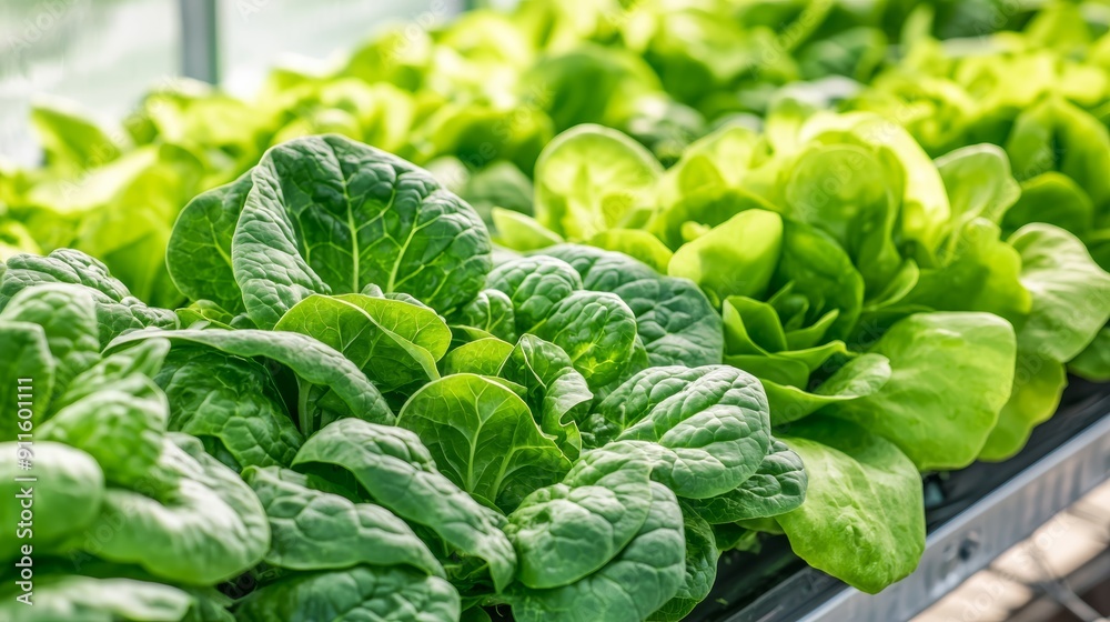 A greenhouse with rows of lettuce and spinach, ready for harvest A greenhouse with rows of lettuce and spinach, ready for harvest