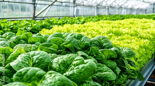 A greenhouse with rows of lettuce and spinach, ready for harvest photo