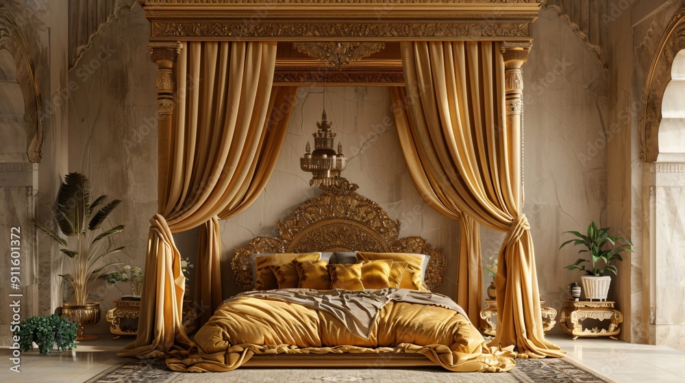 Fototapeta premium Golden Canopy Bed in a Luxurious Palace