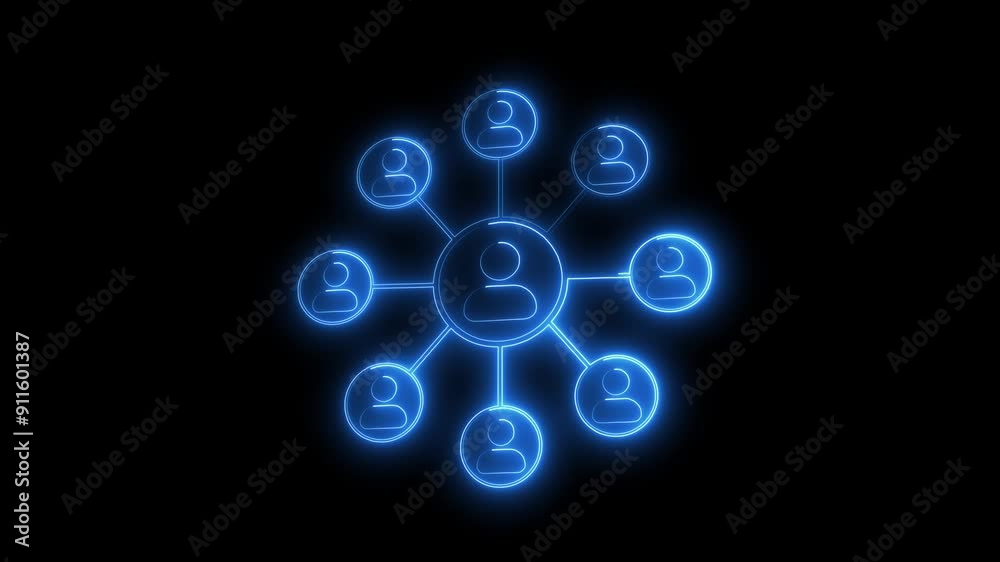 Neon people social networking and connection technology icons on black background
