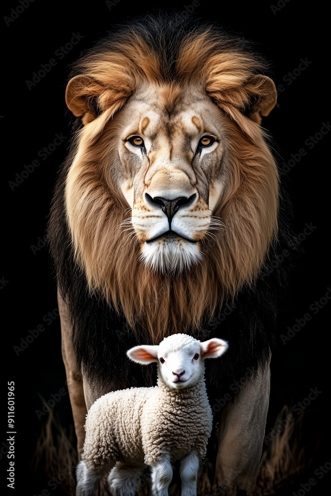 Fototapeta premium Lion And Lamb Scriptural Harmony: The Lion of Judah with the Lamb of God on Black Background.