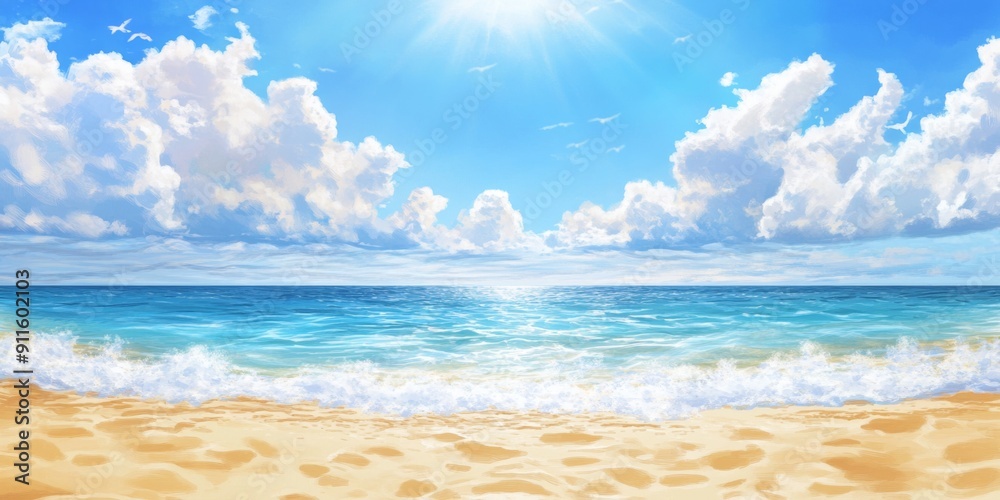 Fototapeta premium Summer's Fiery Embrace: A High-Definition Hand-Drawn Illustration of a Sun-Kissed Beach, Celebrating the Season's Warmth with Golden Sands and Azure Skies in Anime Style.
