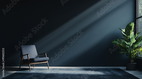 Dark Blue Wall with Velvet Armchair and Carpe photo