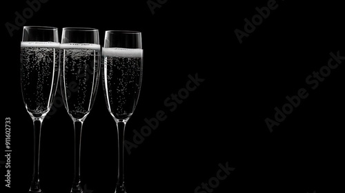 Three Champagne Flutes Against a Black Background