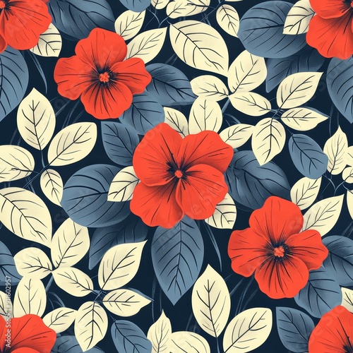 Vibrant Tropical Floral Pattern With Red Flowers on Dark Background