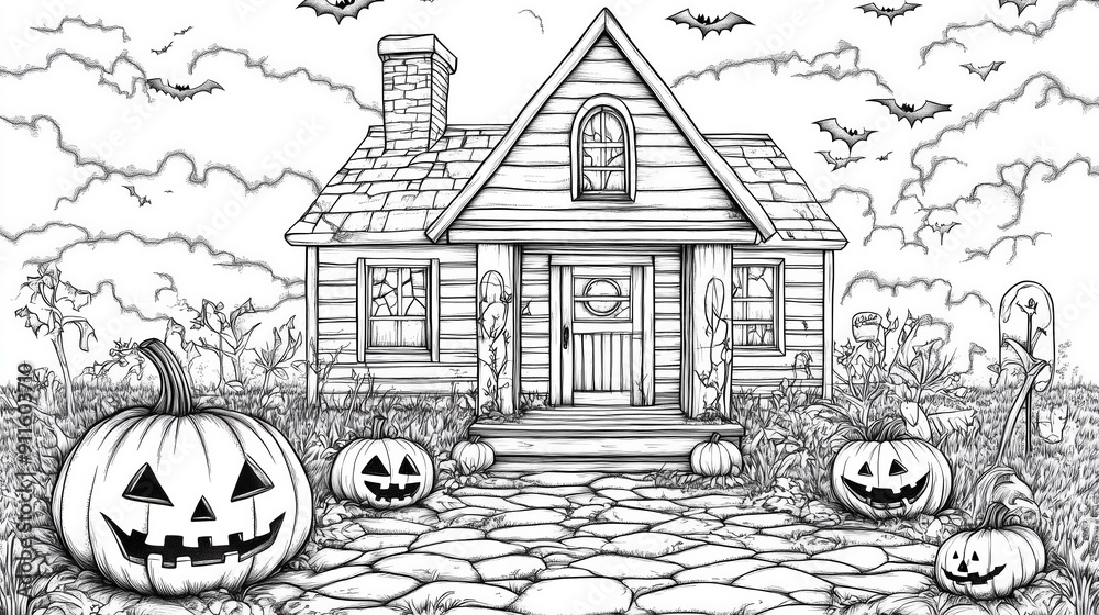 Obraz premium Spooky Hand Drawn Halloween Landscape With Jack O Lanterns Bare Trees And Haunted House