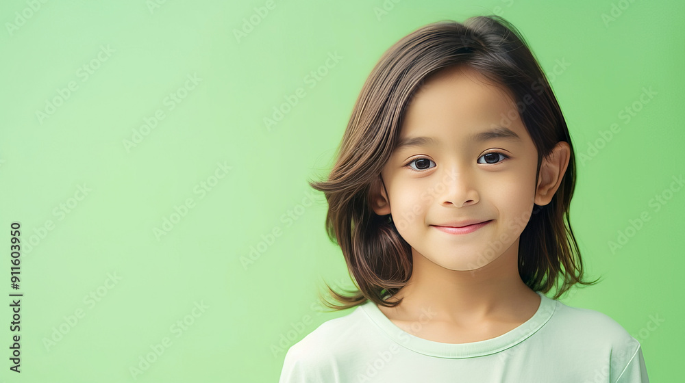 Portrait of a cute handsome happy Asian boy child with long hair and perfect skin, light green background, banner. Portrait of a cute handsome happy Asian boy child with long hair and perfect skin, light green background, banner.