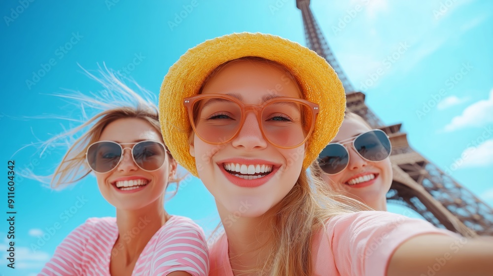 Three happy young women taking a selfie in front of the Eiffel Tower on a sunny day, enjoying their vacation in Paris. Three happy young women taking a selfie in front of the Eiffel Tower on a sunny day, enjoying their vacation in Paris.