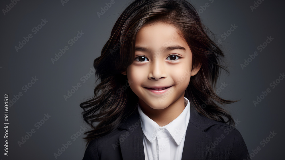 Portrait of a cute handsome happy Asian boy child with long hair and perfect skin, gray background, banner. Portrait of a cute handsome happy Asian boy child with long hair and perfect skin, gray background, banner.