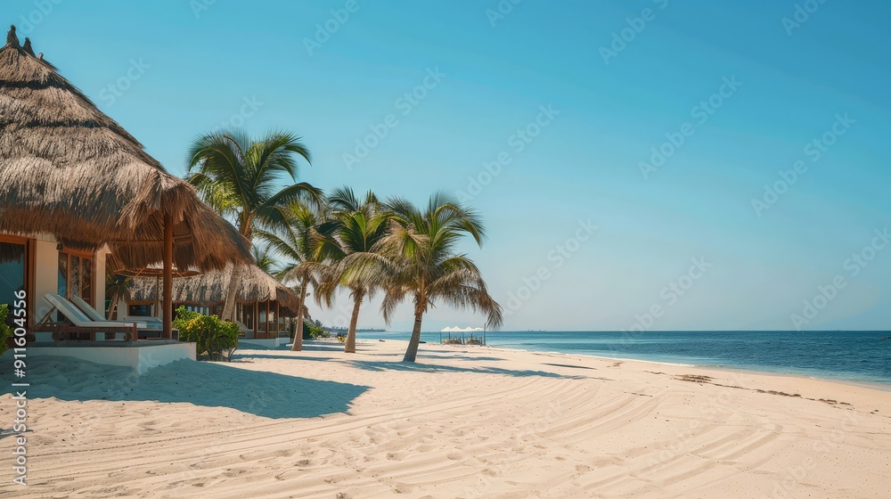 Peaceful retreat by the ocean with swaying palms and sandy shores Peaceful retreat by the ocean with swaying palms and sandy shores