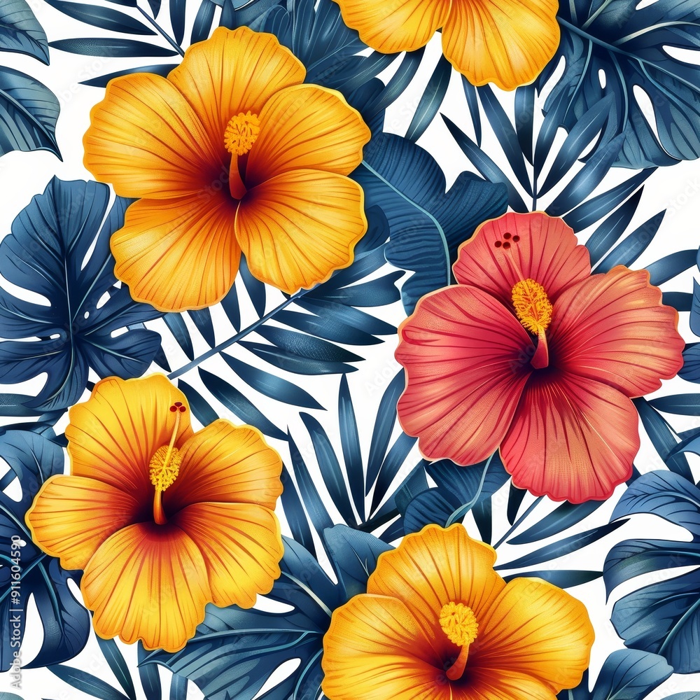 Tropical Floral Pattern With Vibrant Hibiscus Flowers and Lush Green Leaves