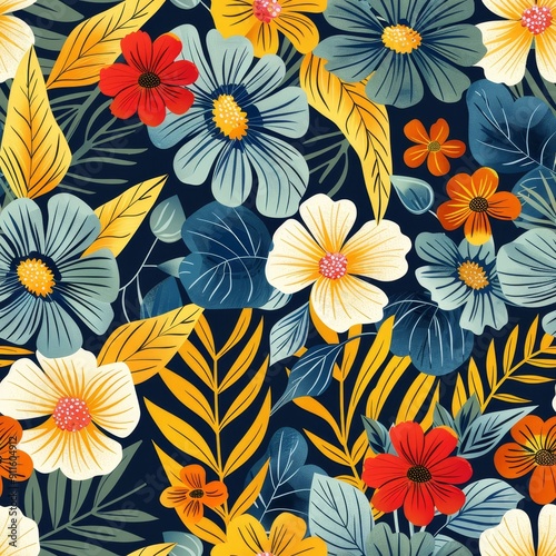 Tropical Floral Pattern With Colorful Flowers on Dark Background